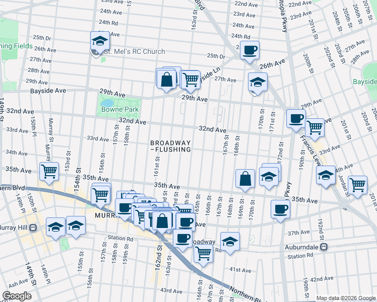 map of restaurants, bars, coffee shops, grocery stores, and more near 33-04 164th Street in Queens