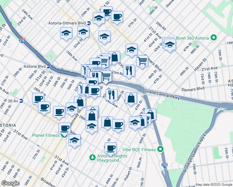map of restaurants, bars, coffee shops, grocery stores, and more near 24-25 43rd Street in Queens