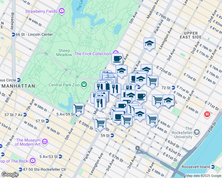map of restaurants, bars, coffee shops, grocery stores, and more near 40 East 66th Street in New York