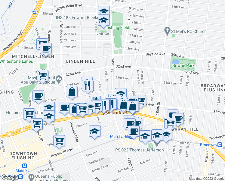 map of restaurants, bars, coffee shops, grocery stores, and more near 149th St & 34th Ave in Queens
