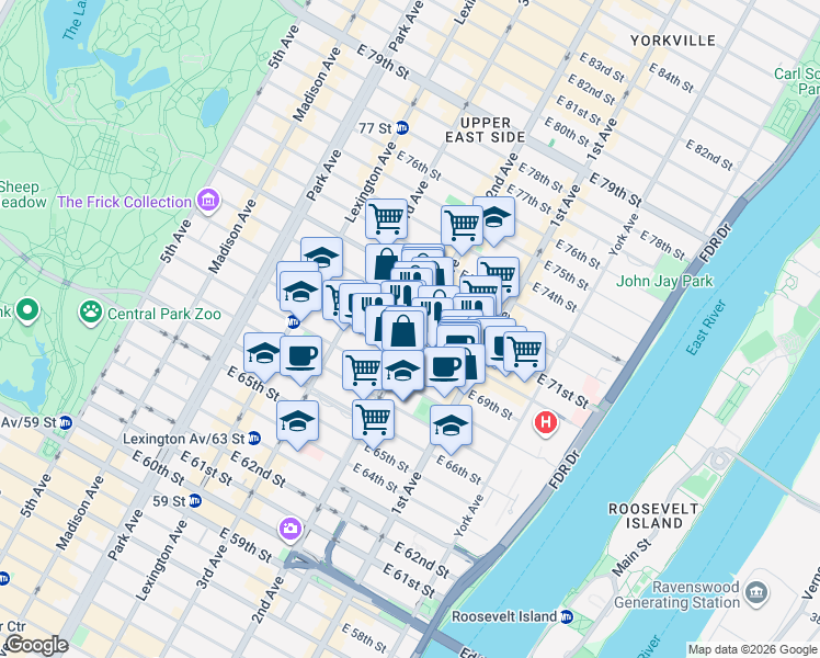 map of restaurants, bars, coffee shops, grocery stores, and more near 310 East 70th Street in New York