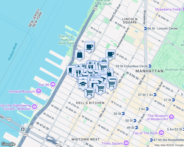 map of restaurants, bars, coffee shops, grocery stores, and more near 528 West 53rd Street in New York