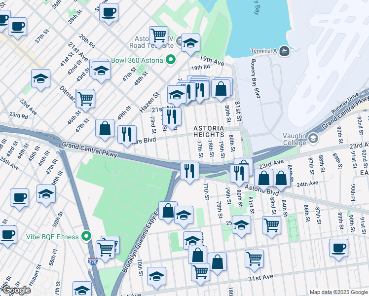 map of restaurants, bars, coffee shops, grocery stores, and more near 22-49 76th Street in Queens
