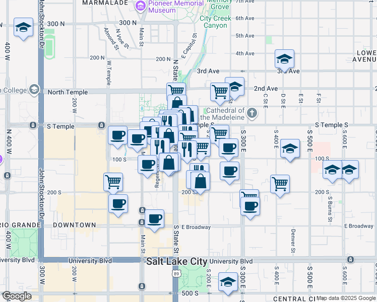 map of restaurants, bars, coffee shops, grocery stores, and more near 135 East 100 South in Salt Lake City