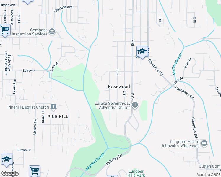 map of restaurants, bars, coffee shops, grocery stores, and more near 4107 Williams Street in Eureka