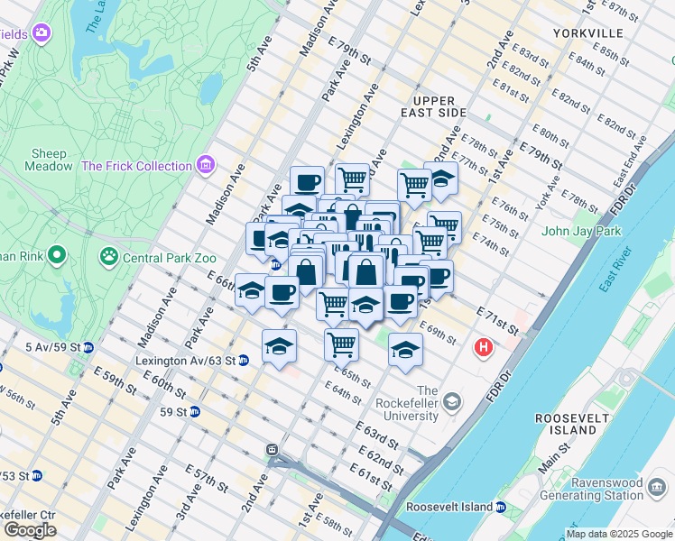 map of restaurants, bars, coffee shops, grocery stores, and more near 215 East 68th Street in New York
