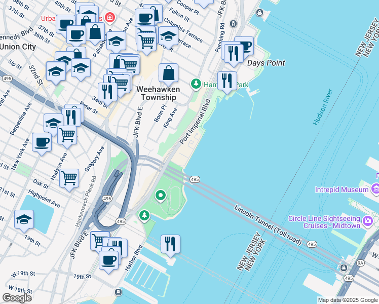 map of restaurants, bars, coffee shops, grocery stores, and more near in Hudson County