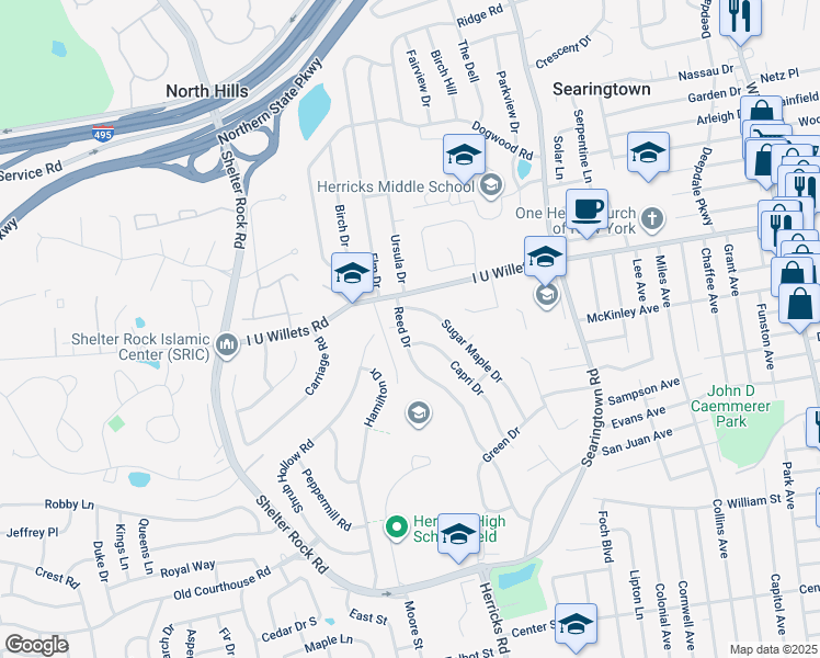 map of restaurants, bars, coffee shops, grocery stores, and more near 107 Reed Drive in Roslyn