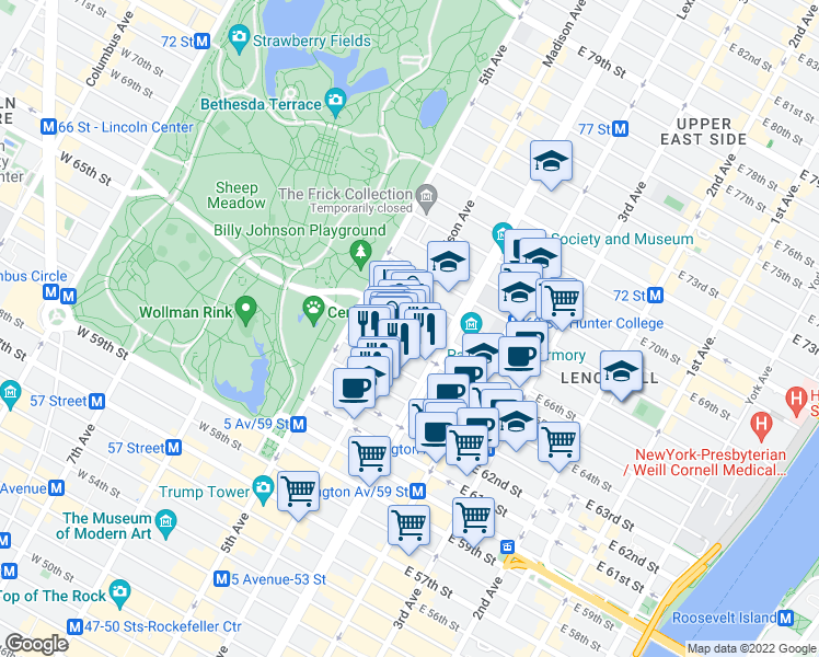 map of restaurants, bars, coffee shops, grocery stores, and more near 40 East 66th Street in New York