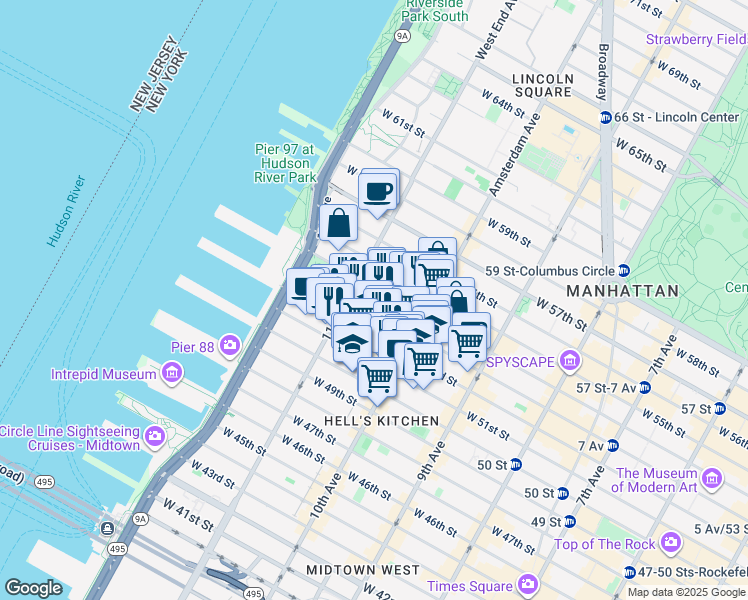 map of restaurants, bars, coffee shops, grocery stores, and more near 528 West 53rd Street in New York