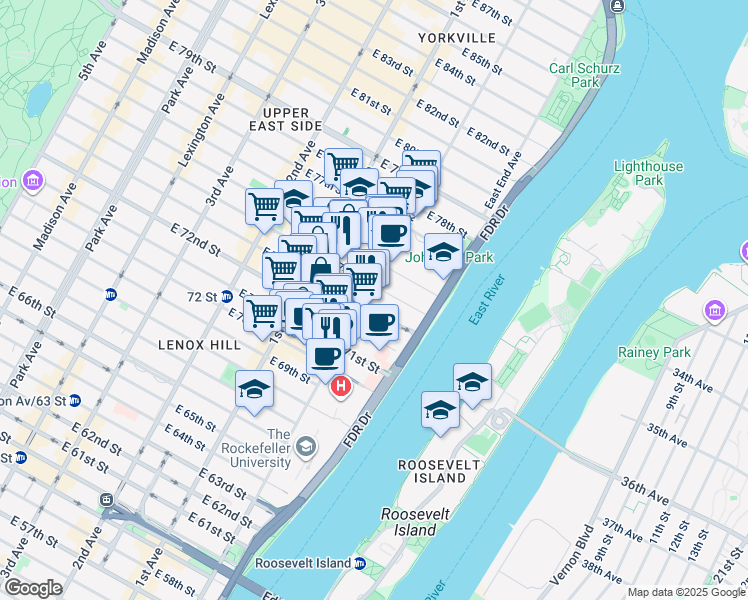 map of restaurants, bars, coffee shops, grocery stores, and more near 1376 York Avenue in New York