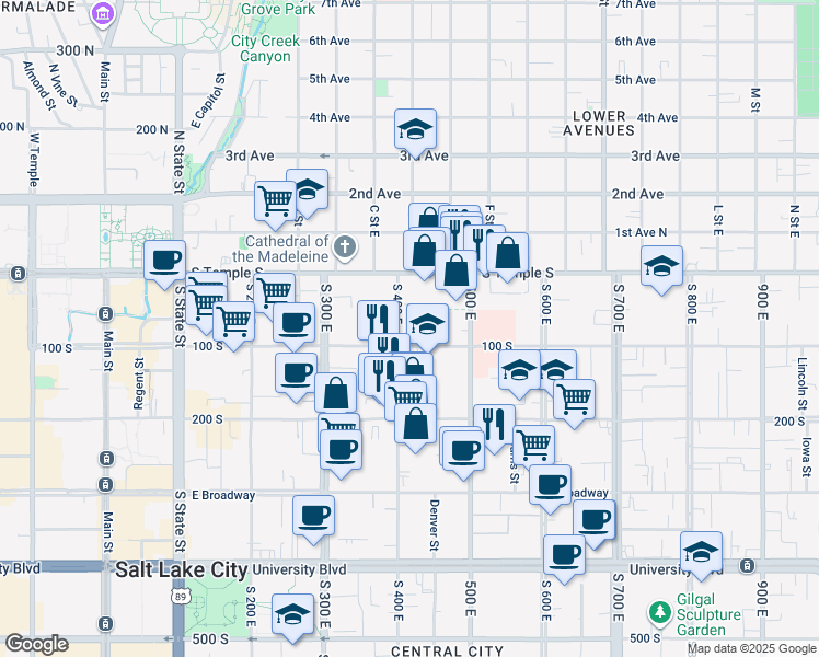 map of restaurants, bars, coffee shops, grocery stores, and more near in Salt Lake City