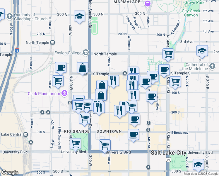 map of restaurants, bars, coffee shops, grocery stores, and more near in Salt Lake City