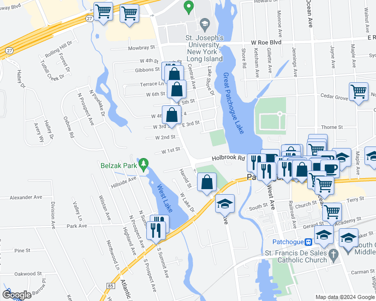 map of restaurants, bars, coffee shops, grocery stores, and more near 76 County Road 61 in Patchogue