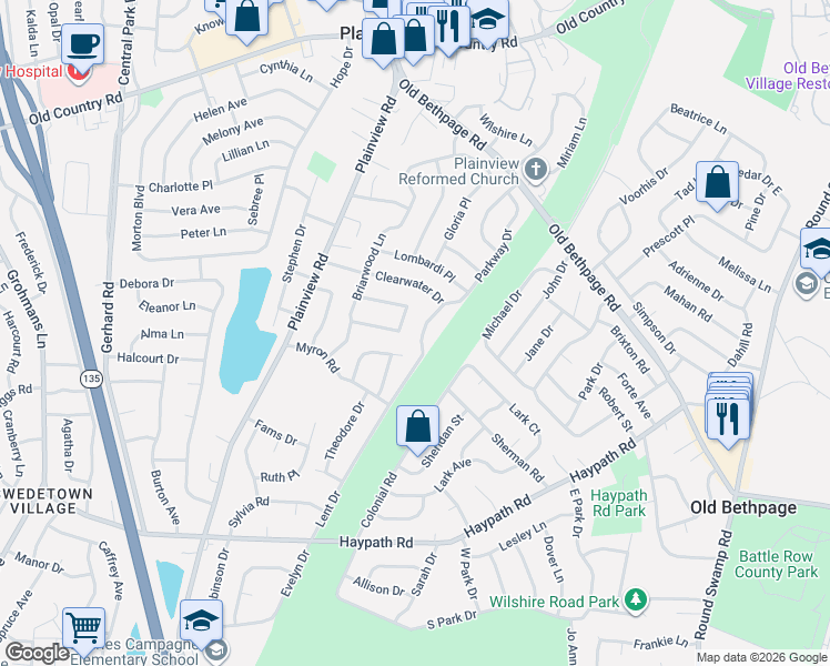 map of restaurants, bars, coffee shops, grocery stores, and more near 61 Lent Drive in Plainview