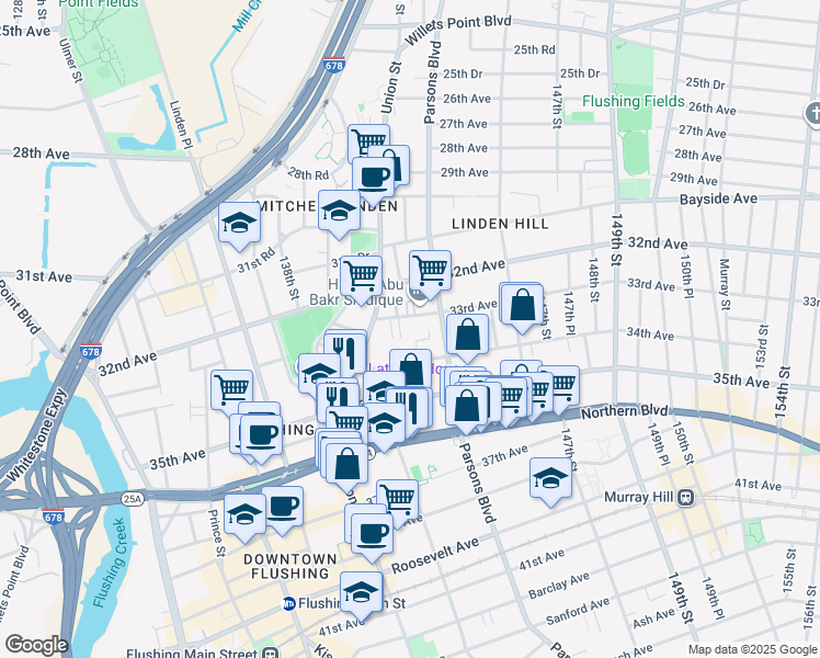 map of restaurants, bars, coffee shops, grocery stores, and more near 14055 34th Avenue in Queens