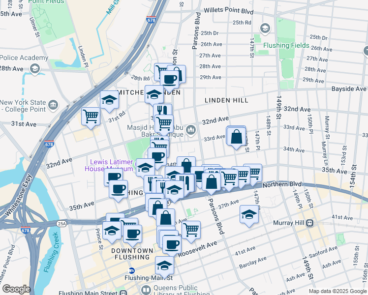 map of restaurants, bars, coffee shops, grocery stores, and more near 14055 34th Avenue in Queens