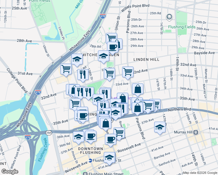 map of restaurants, bars, coffee shops, grocery stores, and more near 33-33 Union Street in Queens