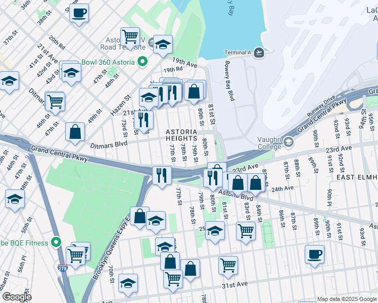 map of restaurants, bars, coffee shops, grocery stores, and more near in Queens