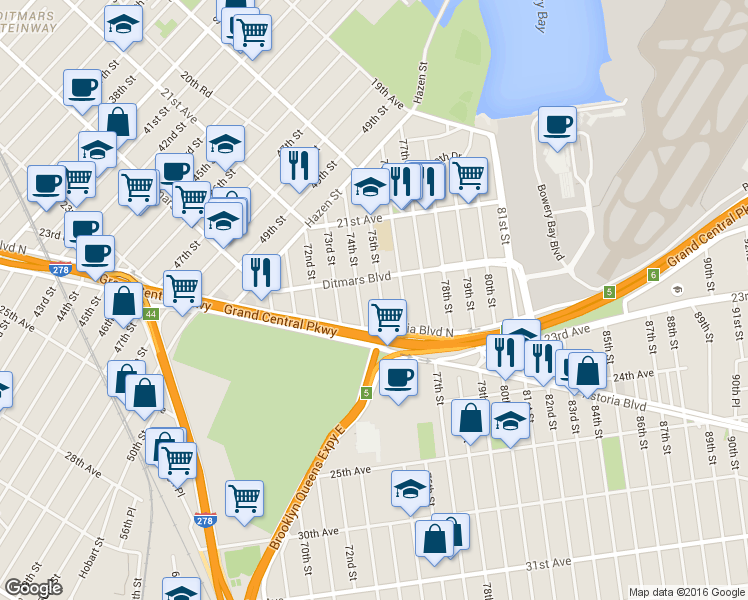 map of restaurants, bars, coffee shops, grocery stores, and more near 7411 Astoria Boulevard North in Queens