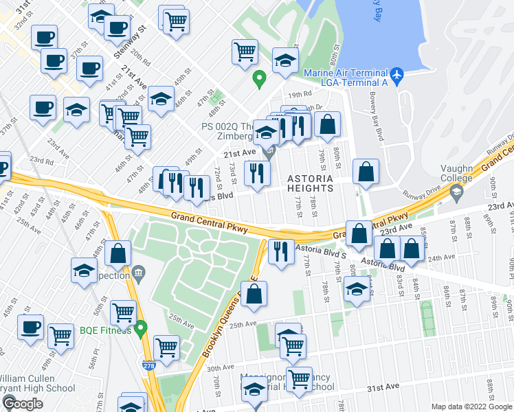 map of restaurants, bars, coffee shops, grocery stores, and more near 7411 Astoria Boulevard North in Queens