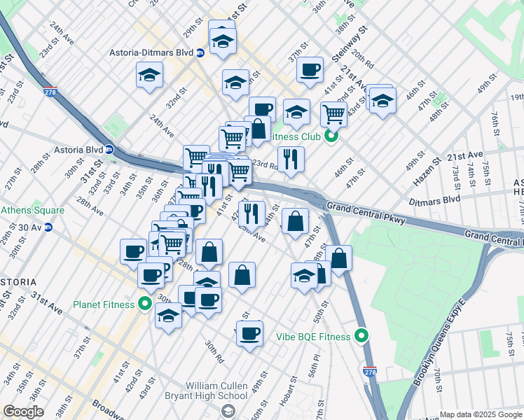 map of restaurants, bars, coffee shops, grocery stores, and more near 2441 44th Street in Queens