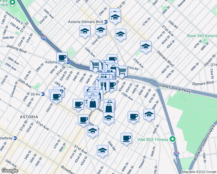 map of restaurants, bars, coffee shops, grocery stores, and more near 25-23 41st Street in Queens