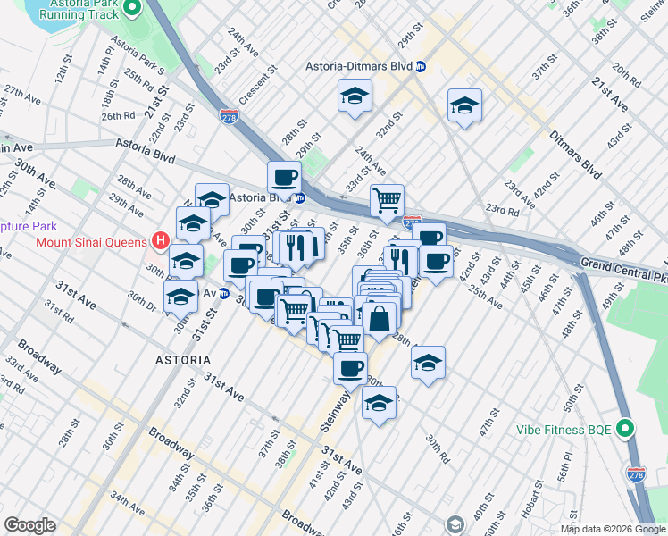 map of restaurants, bars, coffee shops, grocery stores, and more near 25-81 36th Street in Queens