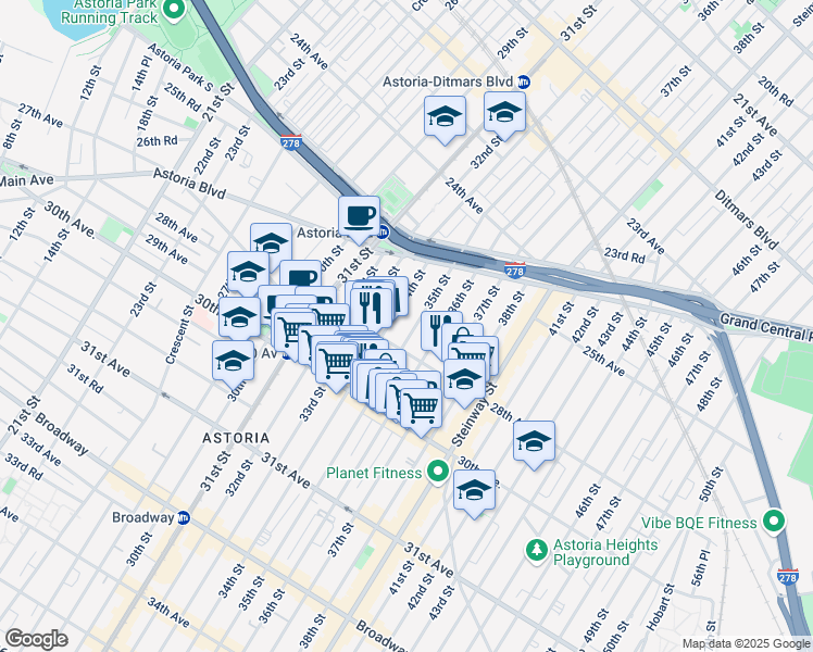 map of restaurants, bars, coffee shops, grocery stores, and more near 28-8 35th Street in Queens