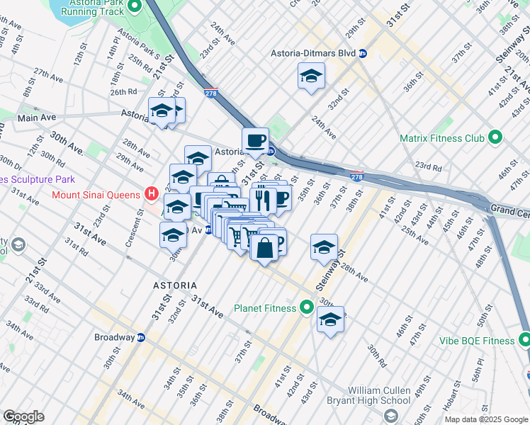 map of restaurants, bars, coffee shops, grocery stores, and more near 28-19 33rd Street in Queens