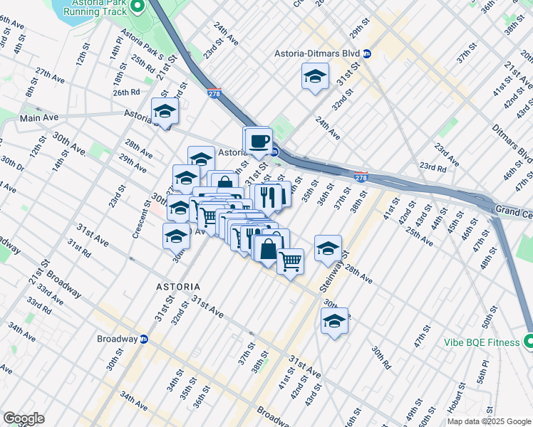 map of restaurants, bars, coffee shops, grocery stores, and more near 28-19 33rd Street in Queens