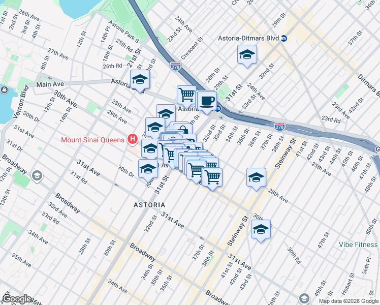 map of restaurants, bars, coffee shops, grocery stores, and more near 31-23 Newtown Avenue in Queens
