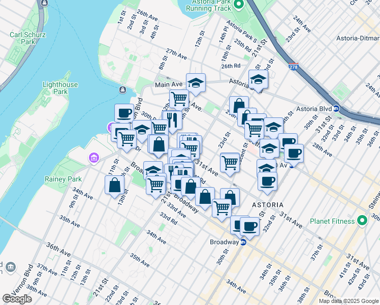 map of restaurants, bars, coffee shops, grocery stores, and more near 51 21st Street in Queens