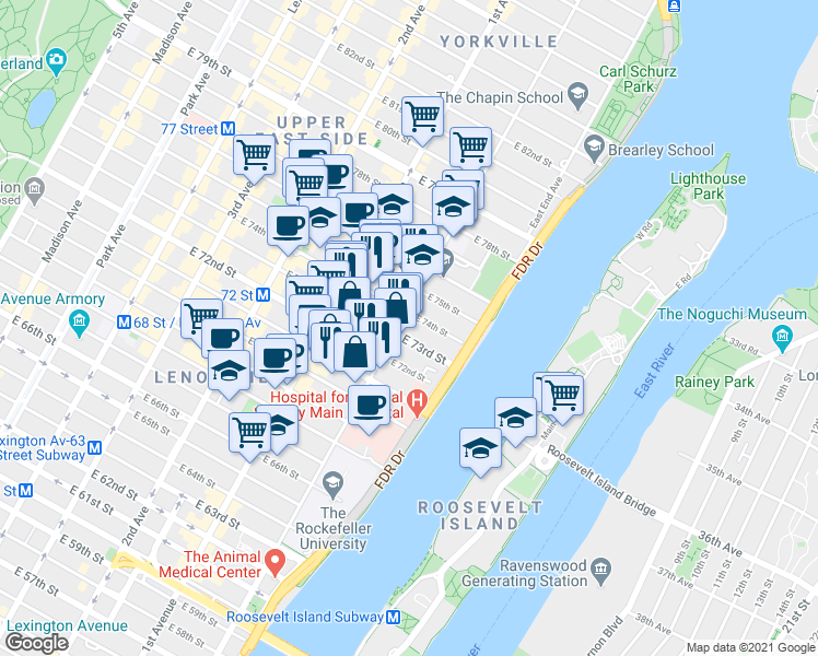 map of restaurants, bars, coffee shops, grocery stores, and more near in New York