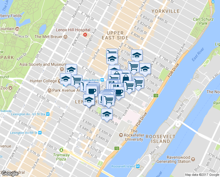 map of restaurants, bars, coffee shops, grocery stores, and more near 333 East 70th Street in New York