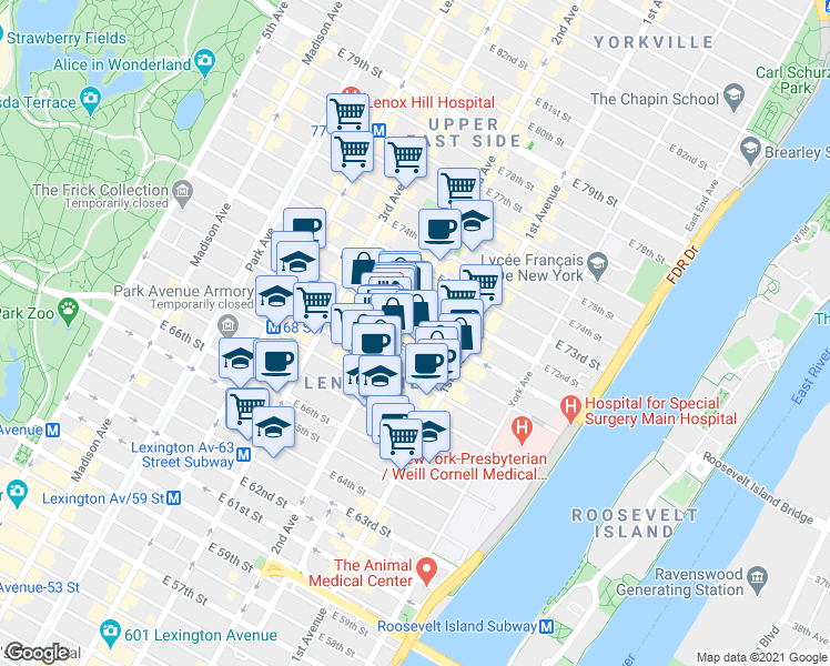 map of restaurants, bars, coffee shops, grocery stores, and more near 310 East 70th Street in New York