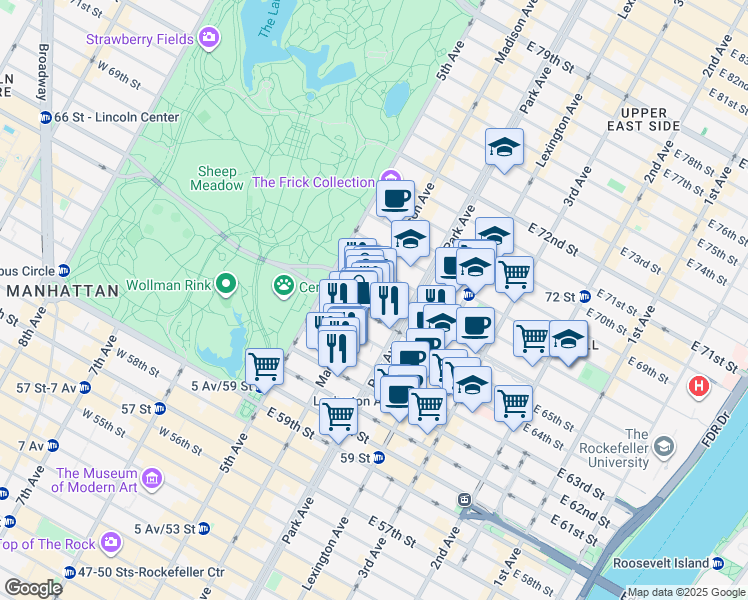 map of restaurants, bars, coffee shops, grocery stores, and more near 42A East 65th Street in New York