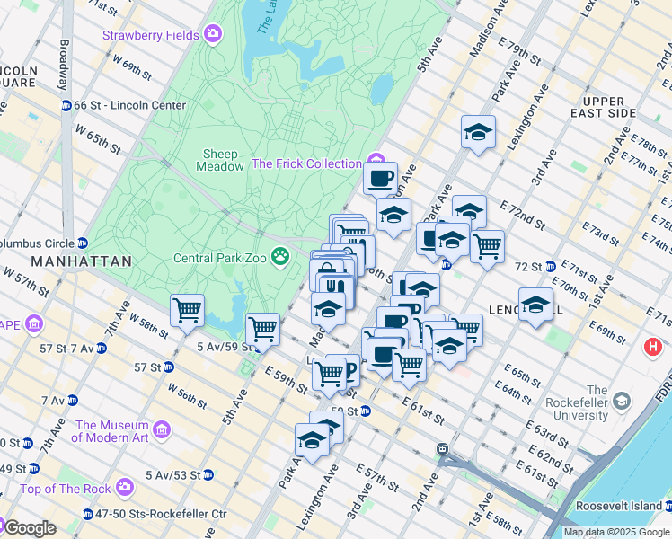 map of restaurants, bars, coffee shops, grocery stores, and more near 144 East 65th Street in New York