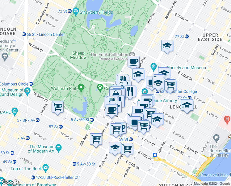 map of restaurants, bars, coffee shops, grocery stores, and more near 144 East 65th Street in New York