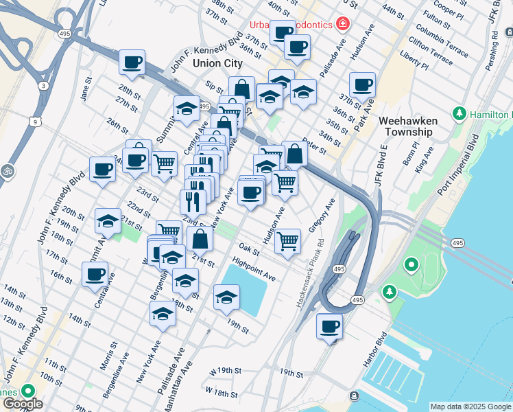 map of restaurants, bars, coffee shops, grocery stores, and more near 2410 Palisade Avenue in Weehawken