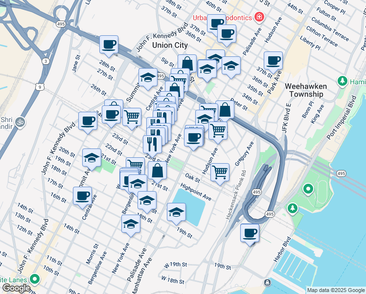 map of restaurants, bars, coffee shops, grocery stores, and more near 2410 Palisade Avenue in Weehawken