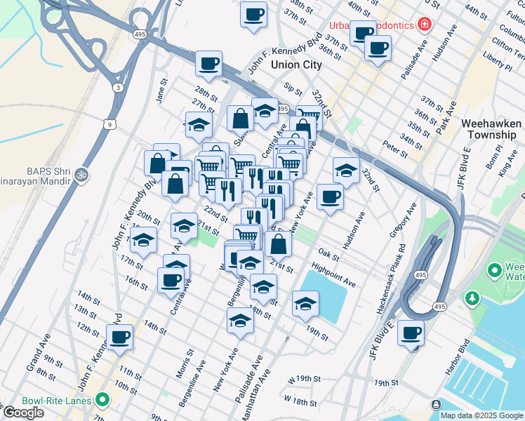 map of restaurants, bars, coffee shops, grocery stores, and more near 522 22nd Street in Union City