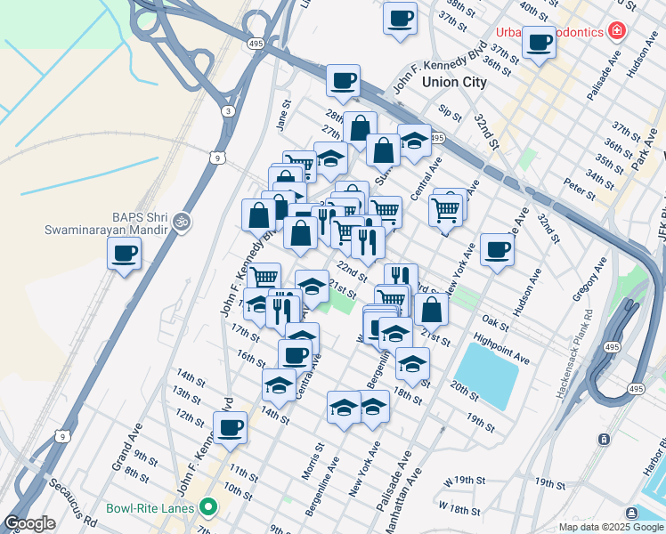 map of restaurants, bars, coffee shops, grocery stores, and more near 716 21st Street in Union City