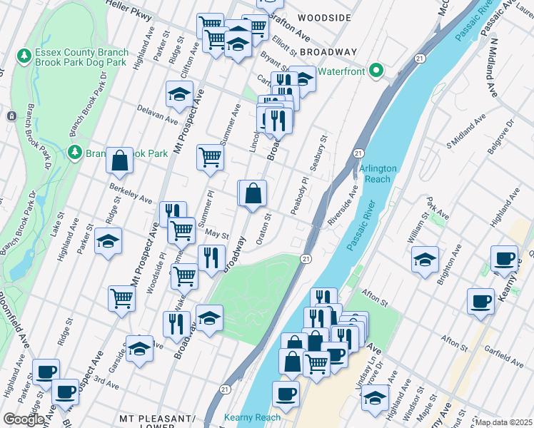 map of restaurants, bars, coffee shops, grocery stores, and more near 39 Oraton Street in Newark