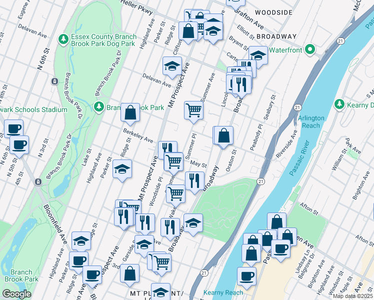 map of restaurants, bars, coffee shops, grocery stores, and more near 429 Summer Avenue in Newark