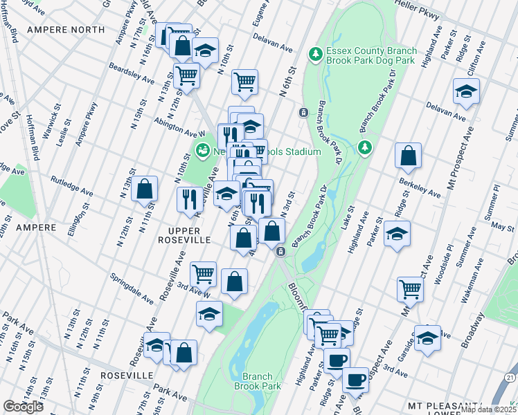 map of restaurants, bars, coffee shops, grocery stores, and more near 346 Bloomfield Avenue in Newark