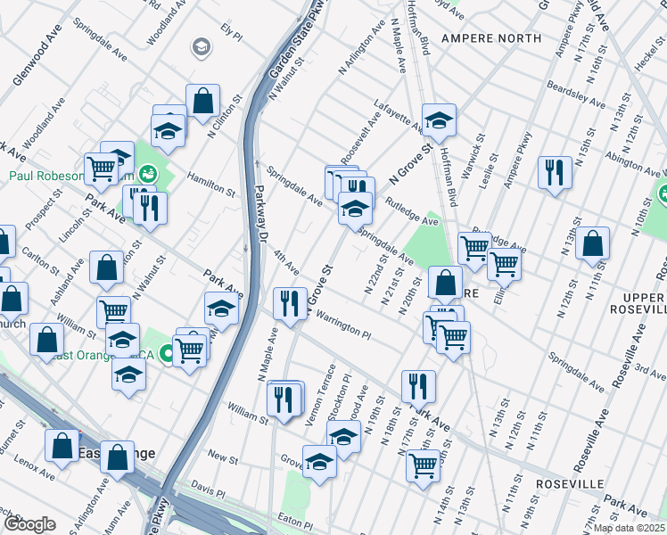 map of restaurants, bars, coffee shops, grocery stores, and more near 206 4th Avenue in East Orange
