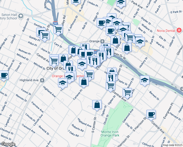 map of restaurants, bars, coffee shops, grocery stores, and more near 323 Central Avenue in City of Orange