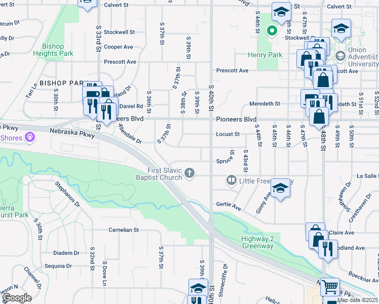 map of restaurants, bars, coffee shops, grocery stores, and more near 3831 Spruce Street in Lincoln
