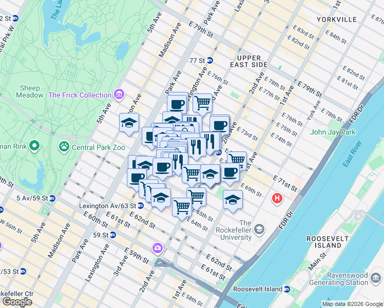 map of restaurants, bars, coffee shops, grocery stores, and more near 1175 3rd Avenue in New York